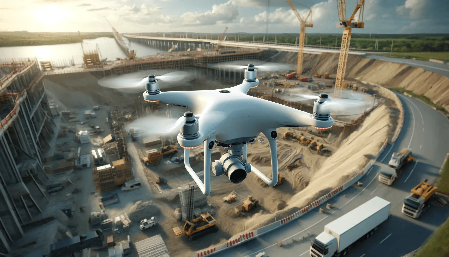 An image of a drone flying over a construction site, capturing the landscape and machinery below.